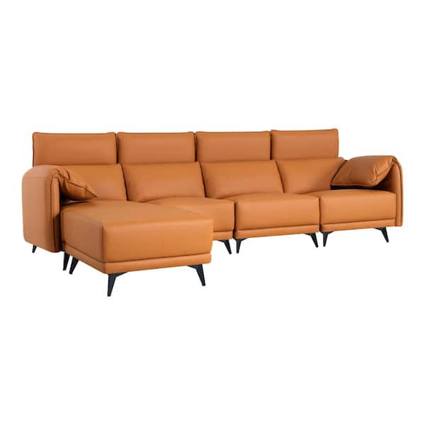 HOMESTOCK 122.83 in. Faux Leather, 4-Seater Sofa Couch with Ottoman, Small Sectional Sofa Set for Living Room in Caramel