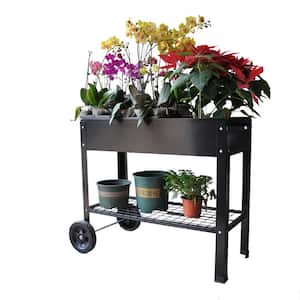 Mobile Metal Raised Garden Bed with Legs and Storage Shelf, Elevated Planter Box with Wheels