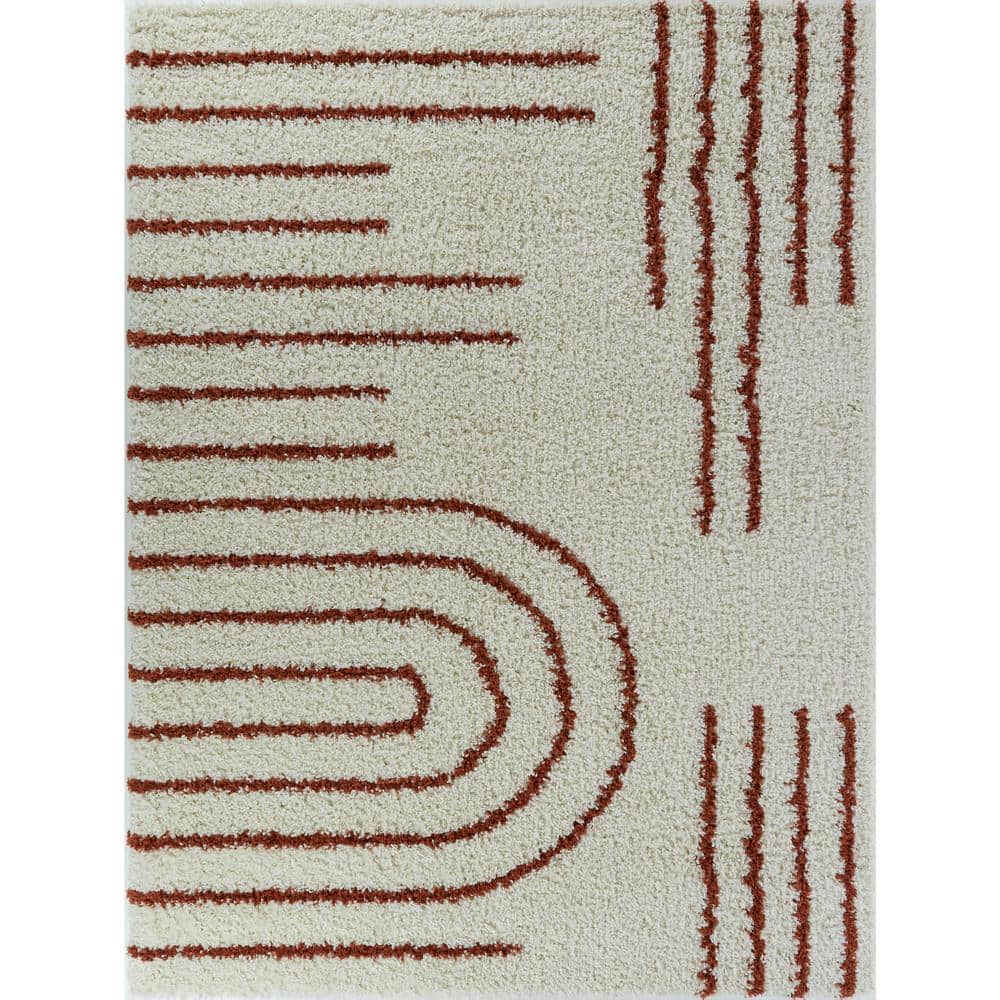 Janus Burnt Orange and Beige Geometric Shag Rug 8' x 10'
