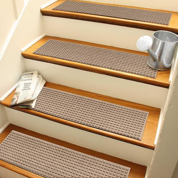 Waterhog Squares 8.5 in. x 30 in. PET Polyester Indoor Outdoor Stair Tread Cover (Set of 4) Camel