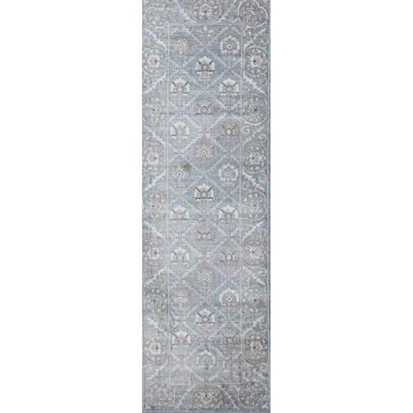 BASHIAN Ashland Lt. Blue 3 ft. x 8 ft. (2 ft. 6 in. x 8 ft.) Floral Transitional Runner Rug
