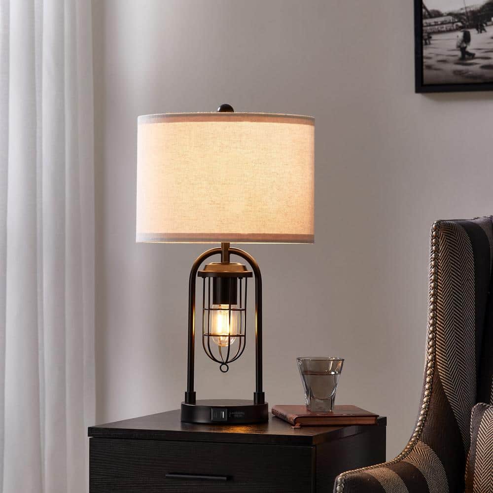 21.5'' Black Metal Table Lamp Set with USB Ports and Lantern Night Light