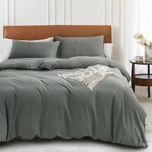 Comfy 3-Piece Slate Gray Jersey Knit T-Shirt Cotton King Size Duvet Cover Set Breathable Zipper Closure 100% Cotton