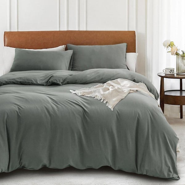 Comfy 3-Piece Slate Gray Jersey Knit T-Shirt Cotton King Size Duvet Cover Set Breathable Zipper Closure 100% Cotton