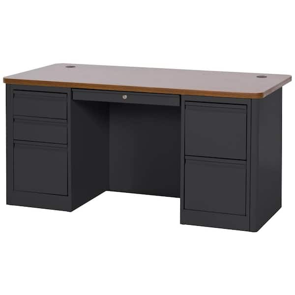Sandusky 29.5 in. H x 60 in. W x 30 in. D 900 Series Double Pedestal Heavy Duty Teachers Desk in Black/Medium Oak