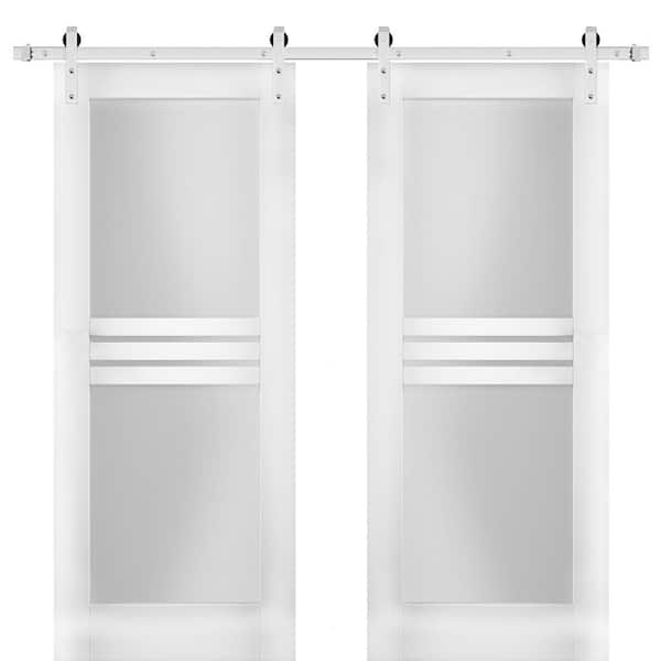 Assemble Required 7222 64 in. x 96 in. 1-Panel White Finished MDF Sliding Door with Double Barn Stainless Hardware