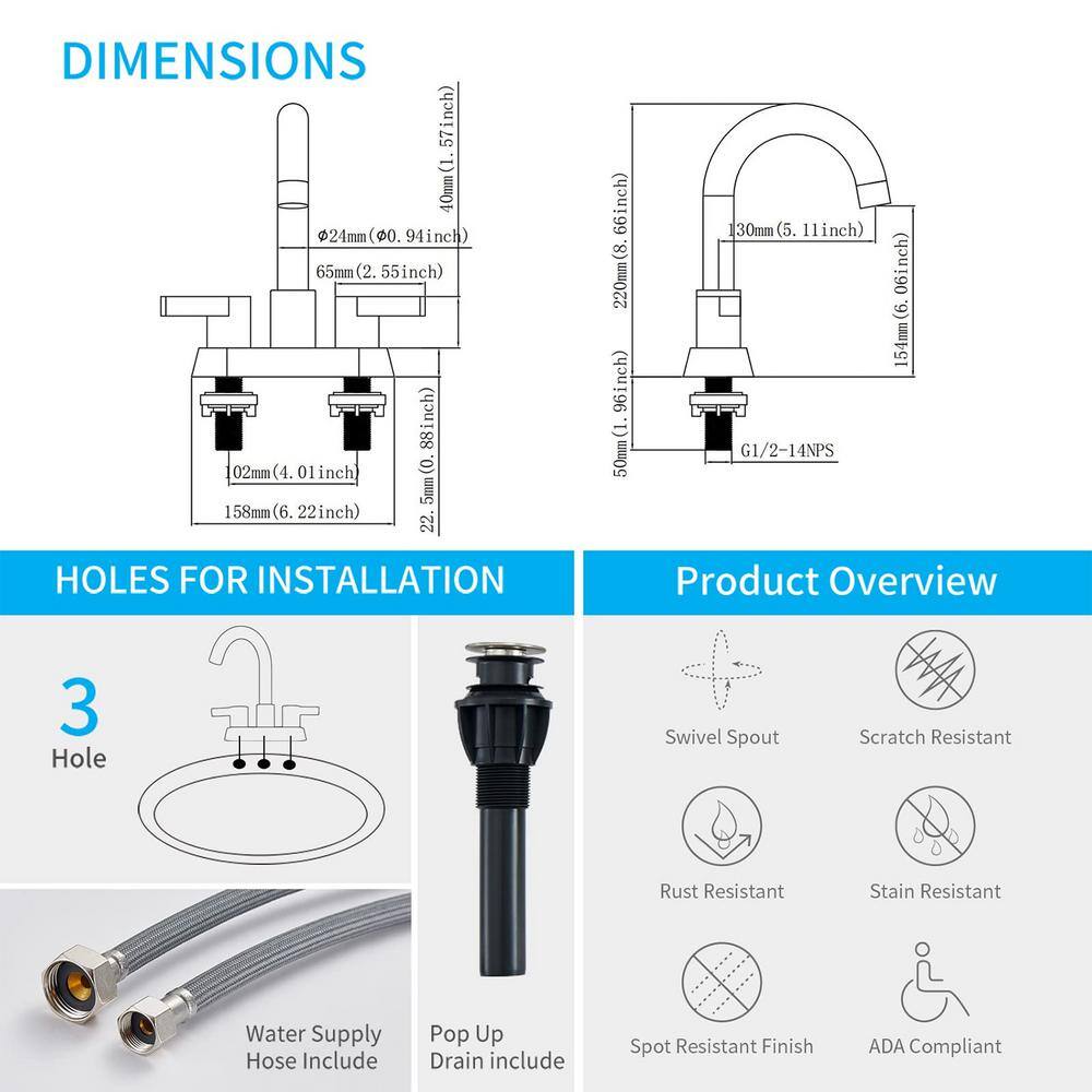 Brushed Nickel 4-Inch Centerset Bathroom Faucet with Pop-Up Drain