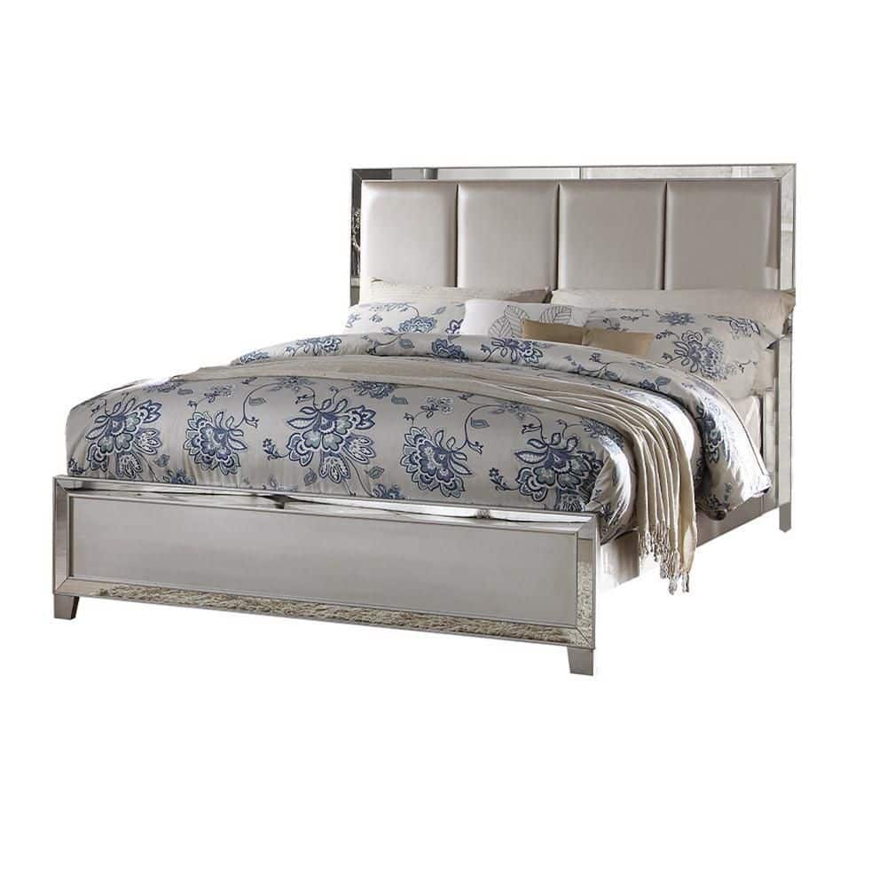 Elegant Platinum King Bed with Tufted Faux Leather Headboard and Storage