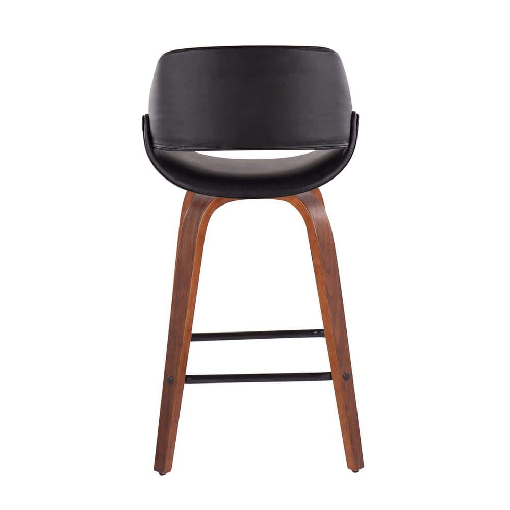 Flared Walnut Swivel Counter Stool with Black Upholstery, Set of 2