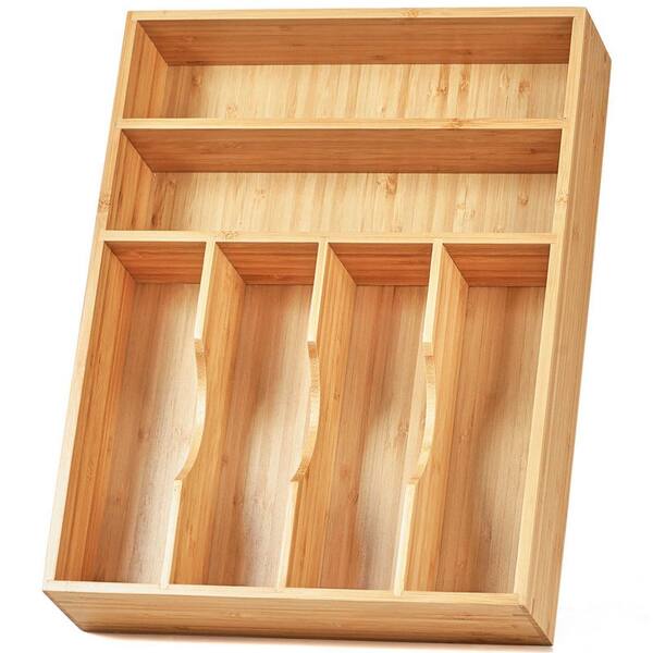 Bamboo Kitchen Drawer Organizer, 12 Inch Silverware Utensil Tray Holder, 6 Slots Bamboo Wood Caddy with Grooved Divider