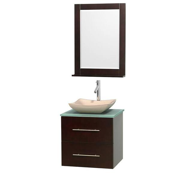 Wyndham Collection Centra 24 in. Vanity in Espresso with Glass Vanity Top in Green, Ivory Marble Sink and 24 in. Mirror