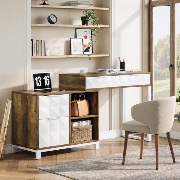 BYBLIGHT Moronia 55.12 in. Brown and White Wood Computer Desk W/ File Drawers and Open Shelf, Modren Writing Desk for Home Office