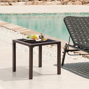 Square Aluminum Outdoor Patio Side Table with Tempered Glass Top in Brown