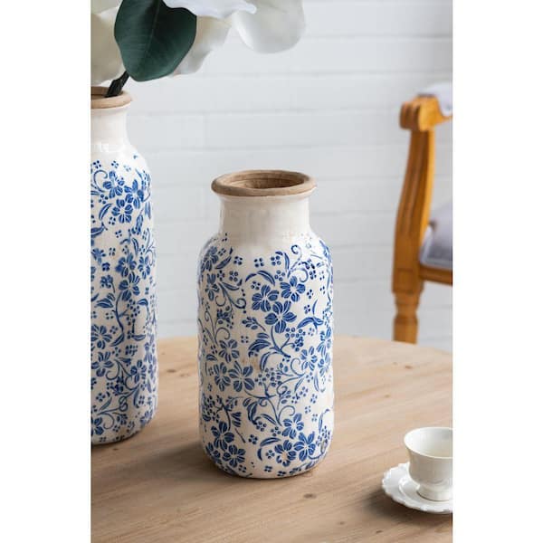 陶瓷花瓶 13 in. White Ceramic Cylinder Decorative Vase 1-Piece w