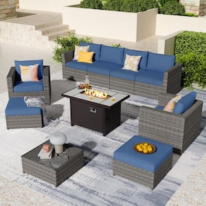 Ontario Lake Gray 10-Piece Wicker Outdoor Patio Rectangular Fire Pit Sectional Sofa Set with Denim Blue Cushions