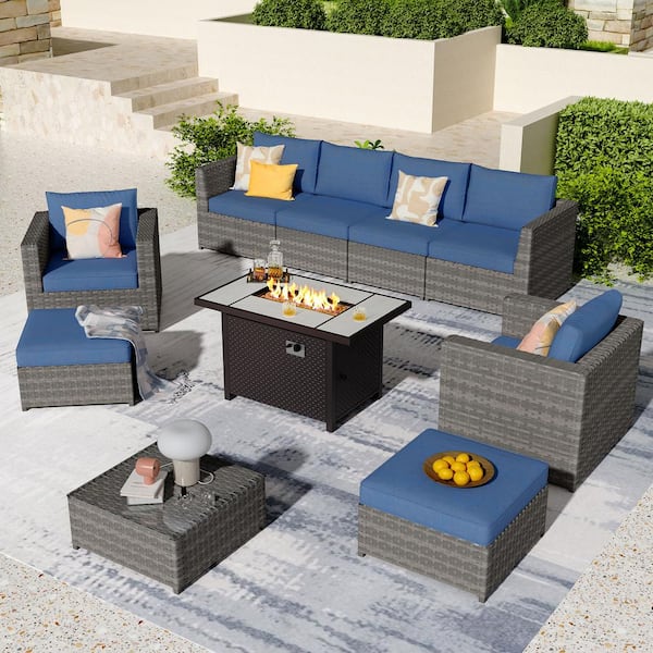 XIZZI Ontario Lake Gray 10-Piece Wicker Outdoor Patio Rectangular Fire Pit Sectional Sofa Set with Denim Blue Cushions