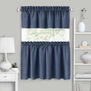 Kendal Polyester Light Filtering Tier and Valance Window Curtain Set - 58 in. W x 24 in. L in Blue/White