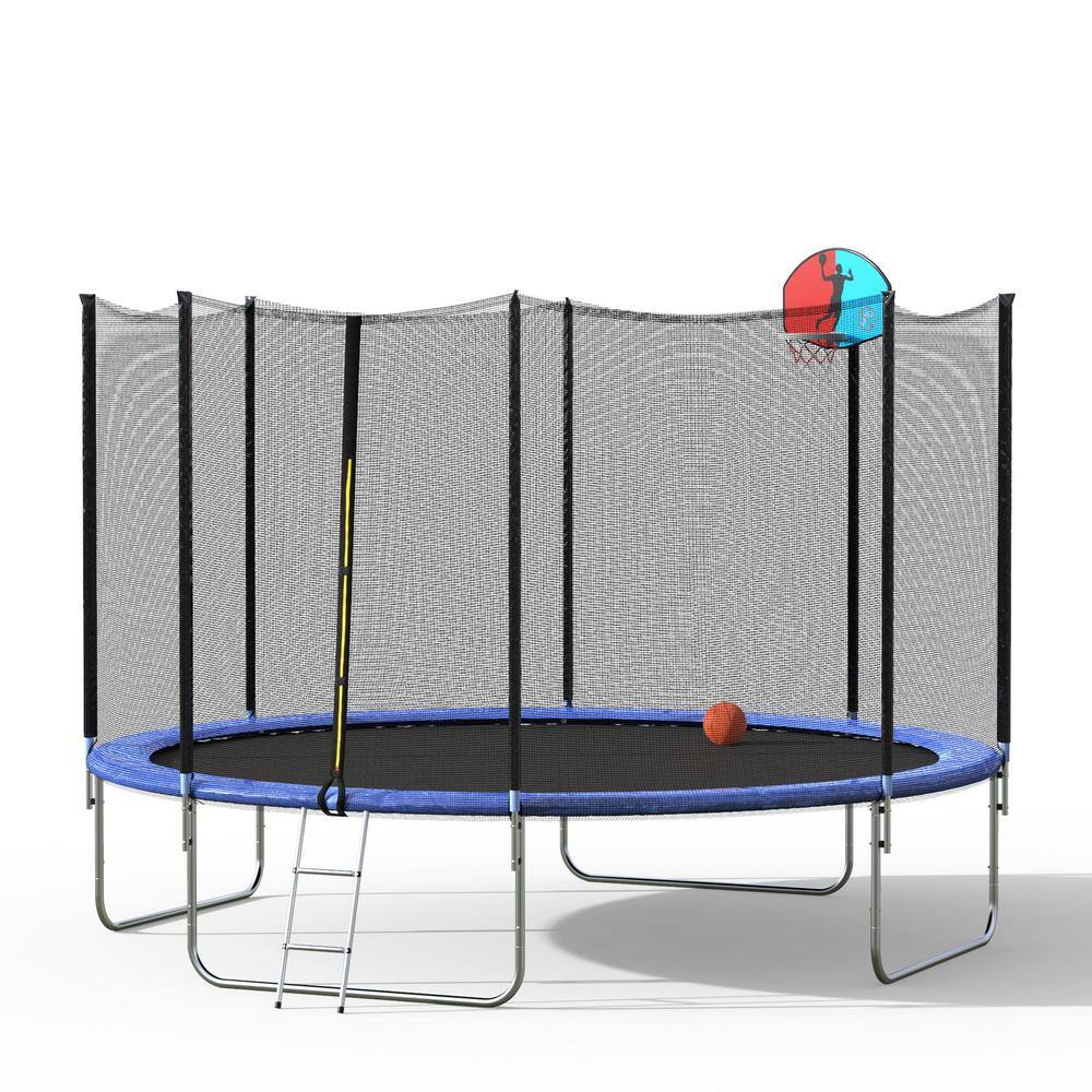 Merax 12FT Kids Trampoline with Safety Enclosure Net BV Certificated Basketball Hoop and Ladder Basketball Trampoline 