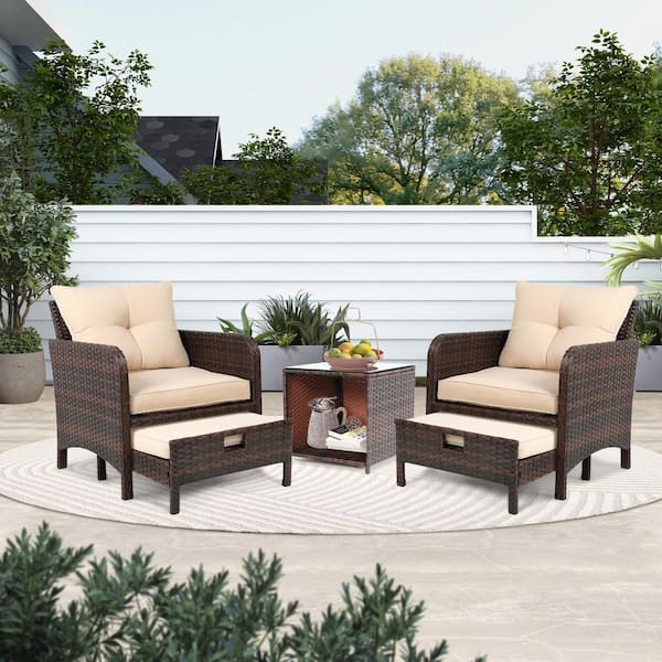 PATIOGUARDER 5-Piece Wicker Lounge Chair Outdoor Rattan Patio Conversation Set with Ottoman and Beige Soft Cushions