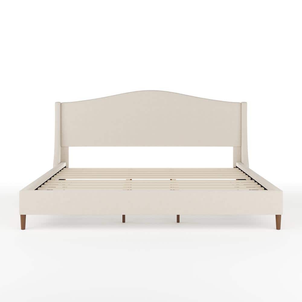 King Beige Linen Upholstered Platform Bed with Wood Frame