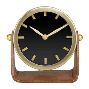 6 in. x 6 in. Gold Stainless Steel Analog Clock with Leather Stand