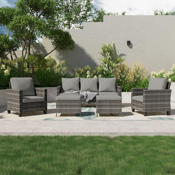 JOYESERY 5-Piece Outdoor Patio Conversation Set Widened Back and Arm Grey Rattan 3-Seat Sofa 2-Ottomans, Linen Grey
