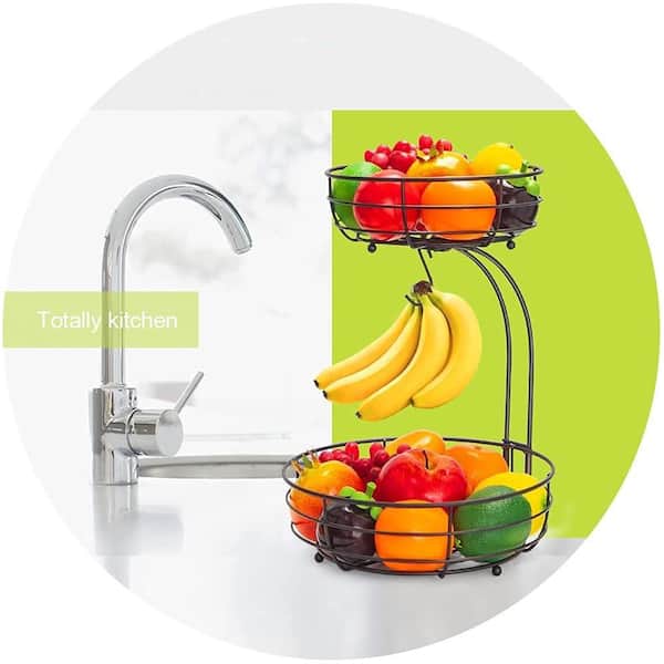1 Piece 2-Tier Kitchen Countertop Bronze Fruit Vegetable Storage Basket Bowl with Banana Hanger, Decorative Ferric Art