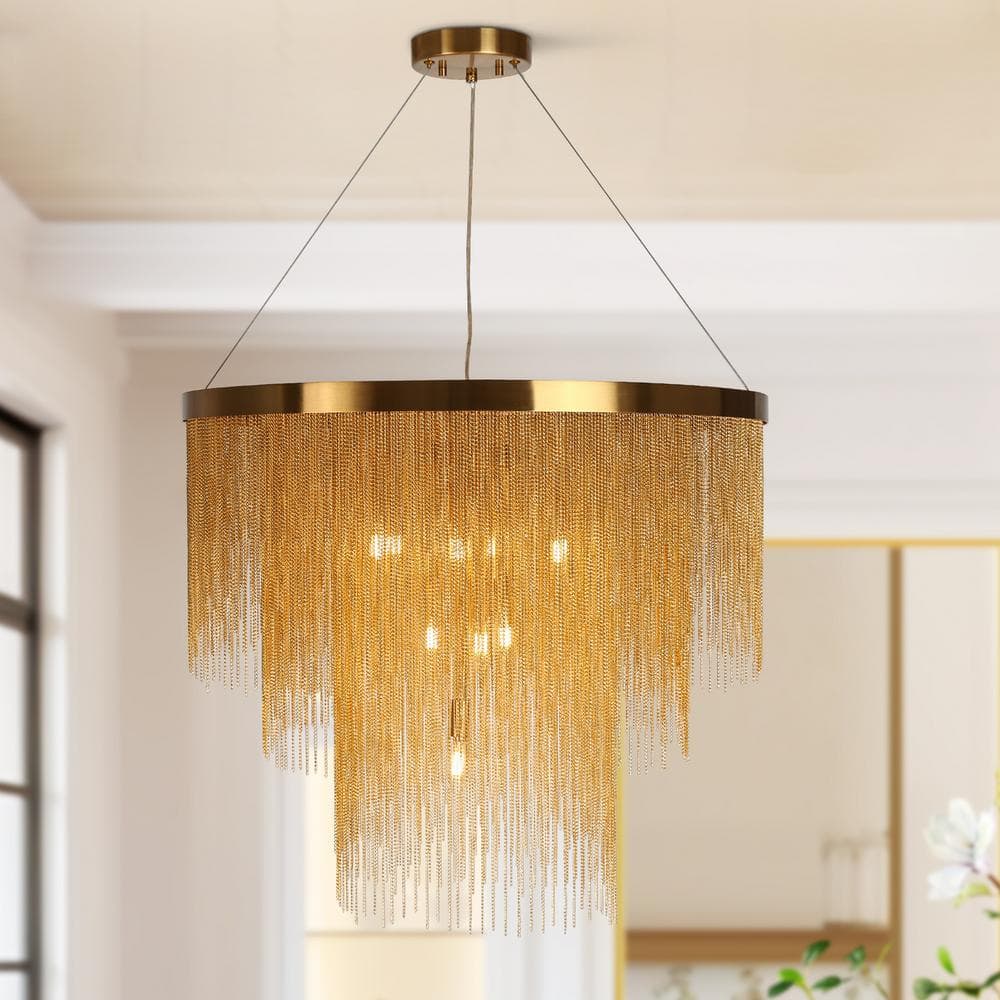 Gold 3-Tier Chain Tassel Drum Chandelier