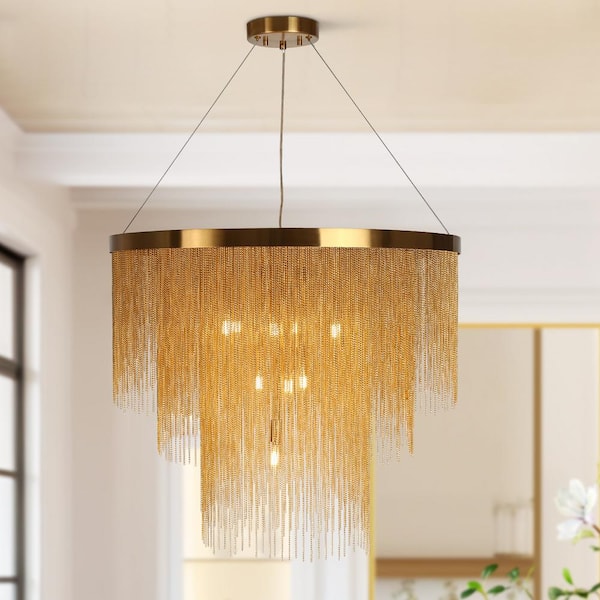 LNC Tracienuri 10-Light Plating Brass Circle Chandelier with Gold Metal Chain Fringe