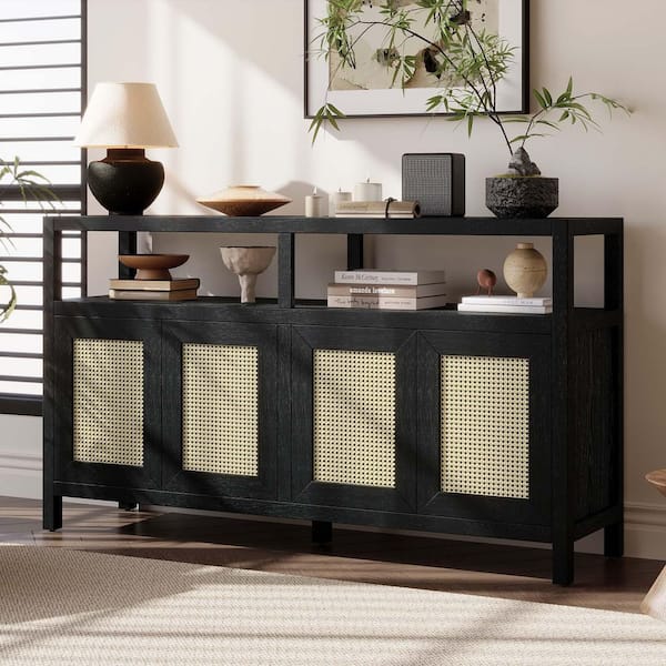 Unbranded Black MDF 60 in. Vintage Sideboard Buffet Cabinet Kitchen Cabinet Console Cabinet with Open Shelf and Adjustable Shelves