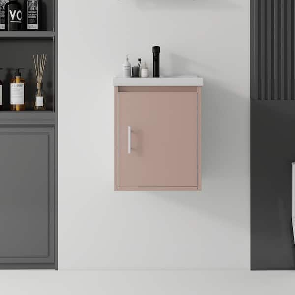 16 in. W Pink Floating Plywood Bath Vanity with White Ceramic Top Sink, Soft-Close Door
