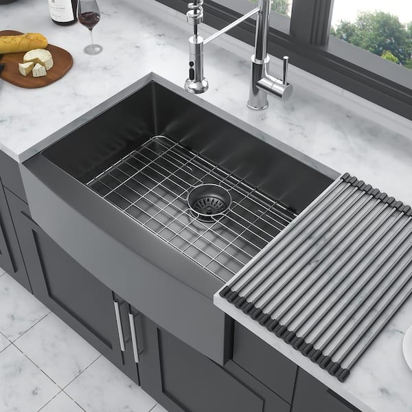 27 in. Farmhouse Single Bowl 16-Gauge Gunmetal Black Stainless Steel Kitchen Sink with Bottom Grids