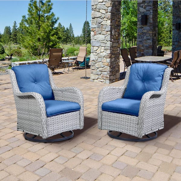 ArcoBay Metal and Light Beige Wicker Outdoor Rocking Chair Patio Swivel Chairs with Olefin Navy Blue Cushions (2-Pack)