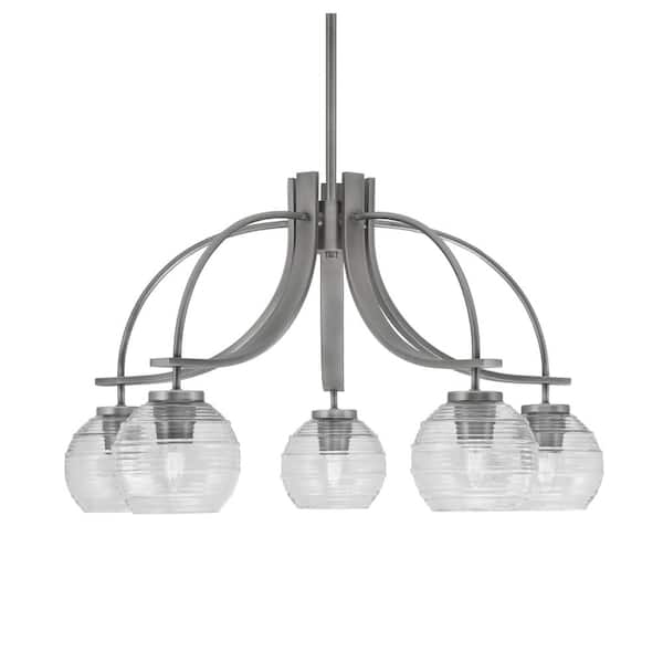 Unbranded Olympia 15.5 in. 5-Light Graphite Downlight Chandelier Clear Ribbed Glass Shade