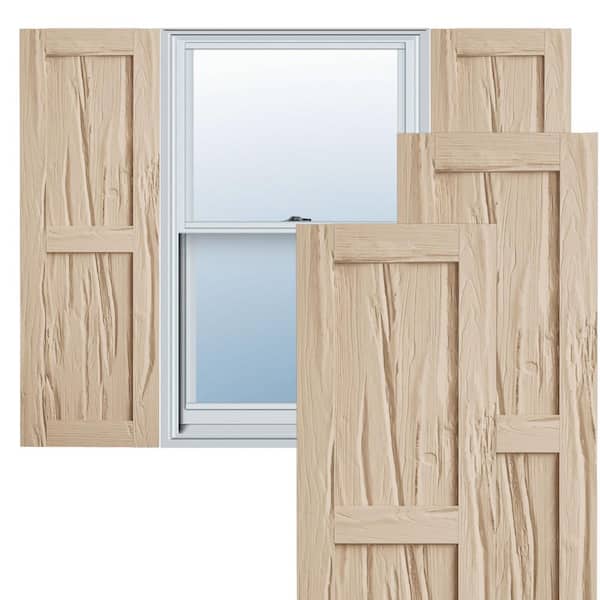 Ekena Millwork 18 in. x 60 in. Timberthane Polyurethane 2 Equal Panel Flat Panel Riverwood Faux Wood Shutters Pair