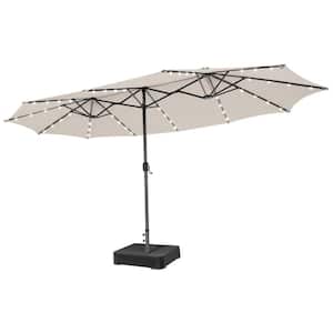 Outdoor 15 ft. Beige Double-Sided Patio Umbrella 48-Solar LED Lights Crank and Base