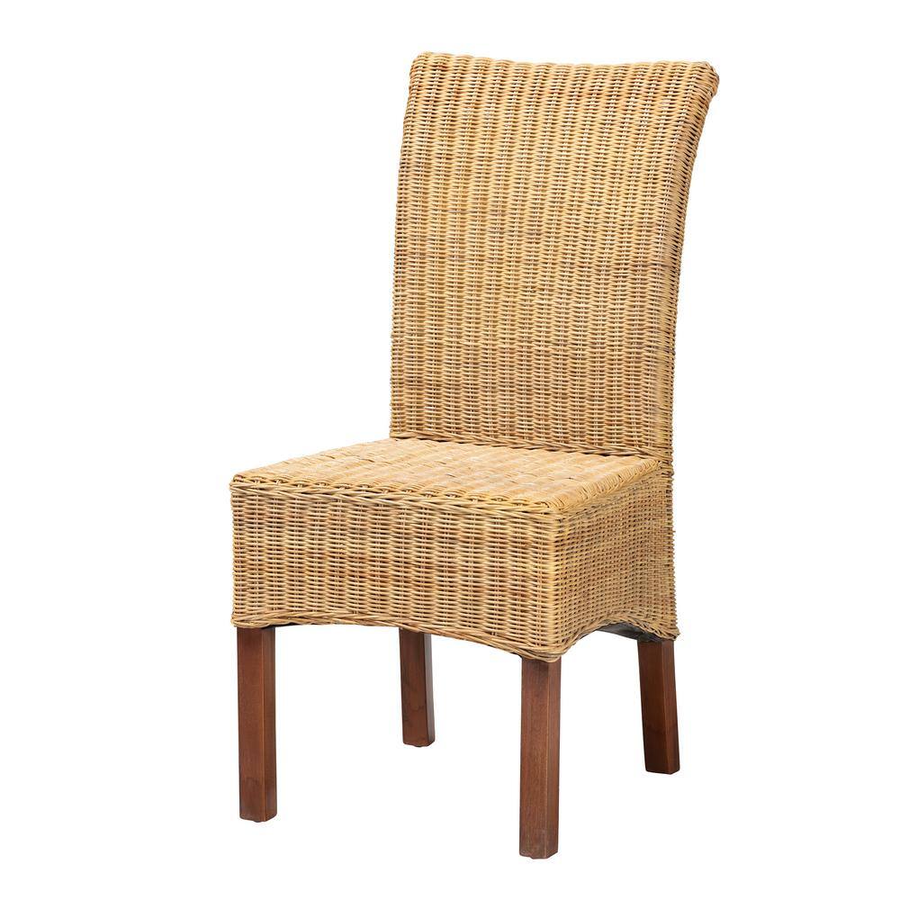 High Back Brown Rattan and Mahogany Dining Chair