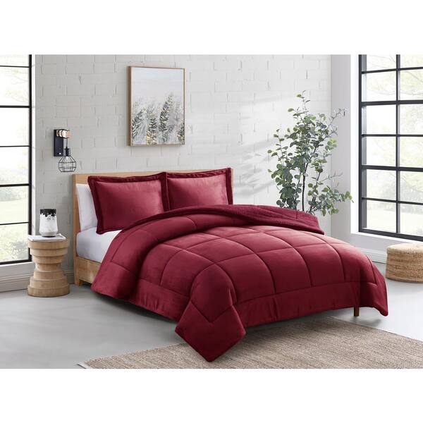 Sweet Home Collection Dante 3-Piece Solid Fleece Sherpa Super Soft Comforter Set, Queen, Burgundy