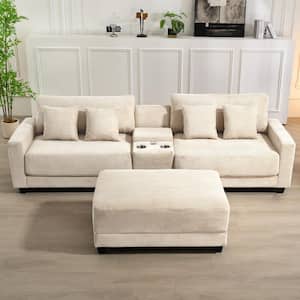 Laibai 111.81 in. Square Arm Velvet Modular 3-Piece Modern Sofa with Cup Holder and Ottoman in Beige