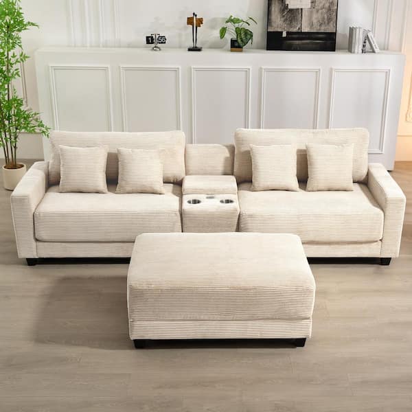 JEAREY Laibai 111.81 in. Square Arm Velvet Modular 3-Piece Modern Sofa with Cup Holder and Ottoman in Beige