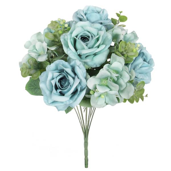 19 in. Light Turquoise Blue Artificial Elegant Rose Hydrangea Flower Stem Bush Bouquet (Set of 2)