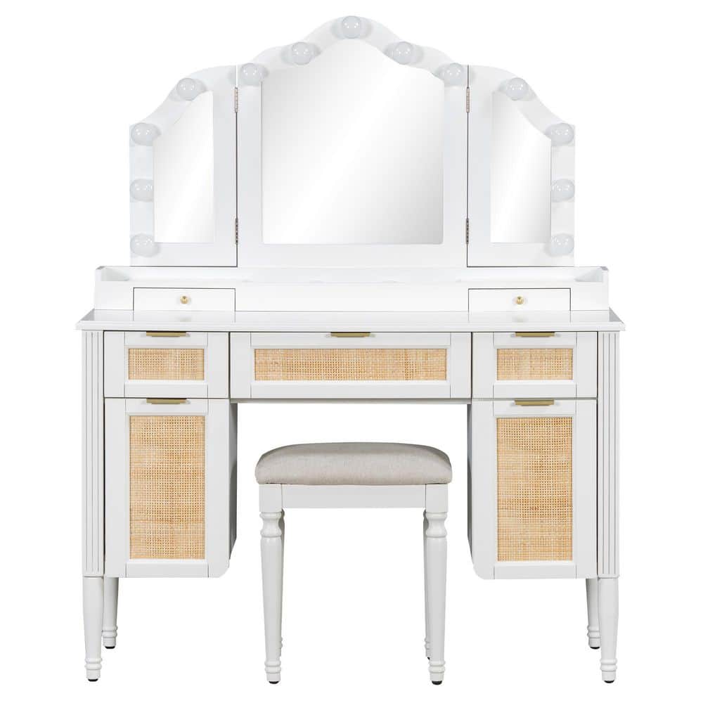 2-Piece White Makeup Vanity Set with Cushioned Stool, Tri-Fold Light Mirror, 5-Drawers, 2 Cabinets, Charging Station - thumbnail 5