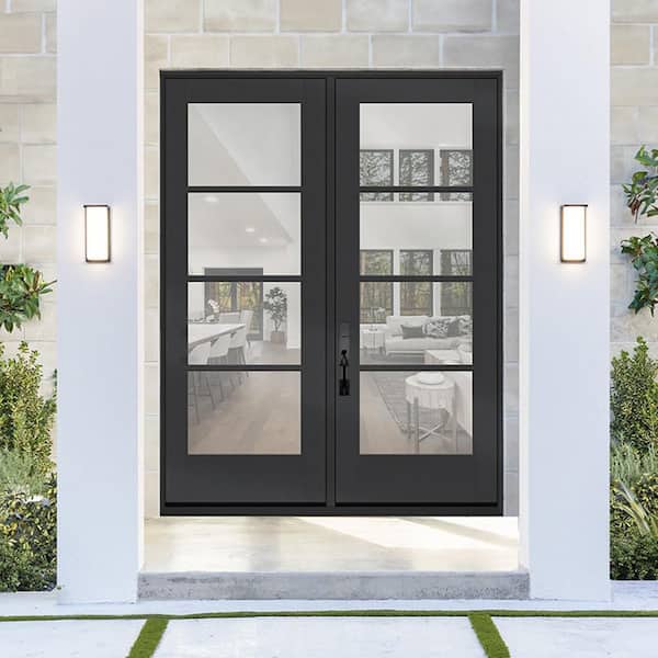 Legacy 64 in. x 96 in. Icon 4-Lite Modern Clear Glass Black RHIS Fiberglass Double Prehung Front Door with 4-9/16 Jamb