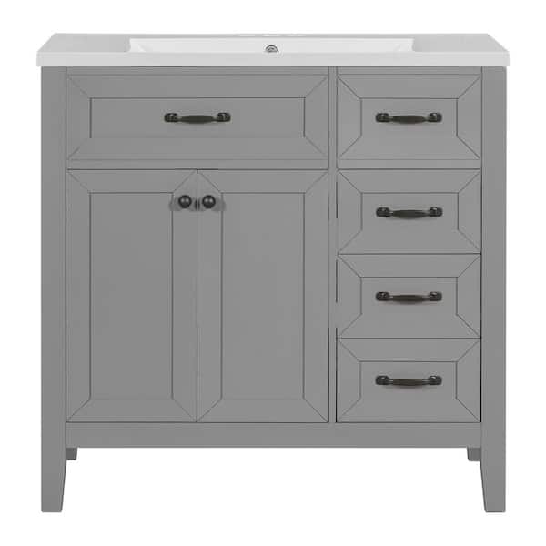 Unbranded 36 in. W x 18 in. D x 36 in. H Single Sink Freestanding Bath Vanity in Gray with White Ceramic Top with Drawers