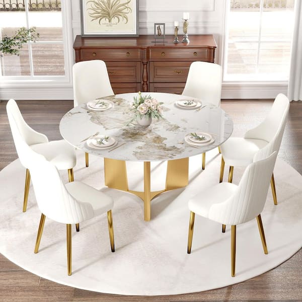 Magic Home 59.05 in. Pandora Sintered Stone Tabletop with Gold Pedestal Base Dining Table (Seats-8)