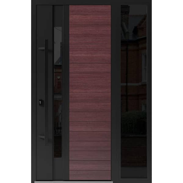 VDOMDOORS 0162 52 in. x 80 in. Right-hand/Inswing Sidelight Tinted Glass Red Oak Steel Prehung Front Door with Hardware