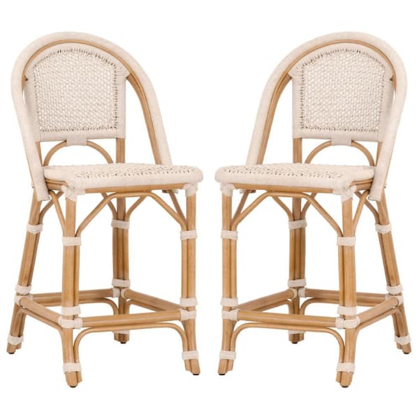 Benjara 38 in. White Low Back Wood Frame Counter stool with Rope Seat (Set of 2)