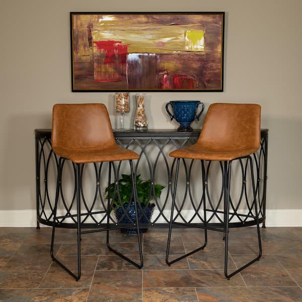 Carnegy Avenue Light Brown Reagan 30 in. Leather Soft Barstools with Footrest, Modern Bucket Style Bar Height Stools (Set of 2)
