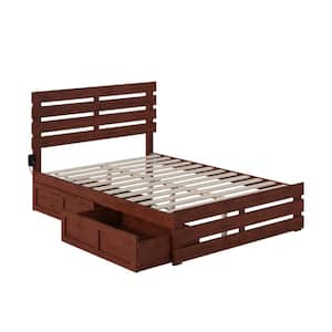 Oxford Walnut Full Solid Wood Storage Platform Bed with Footboard and USB Turbo Charger with 2 Drawers