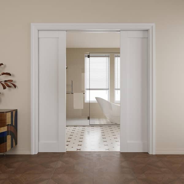 72 in. x 80 in. White Blank Primed Solid Core Door Slab with Wood Pocket Door Frame and Hardware (Soft Close Included)